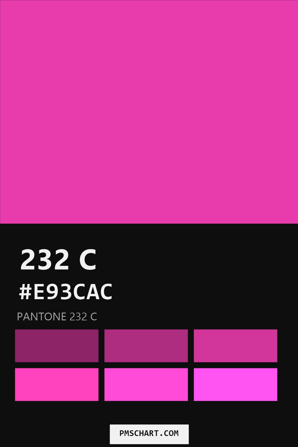 Pantone 232 C color reference card (HEX #E93CAC) with six nearest Pantone matches
