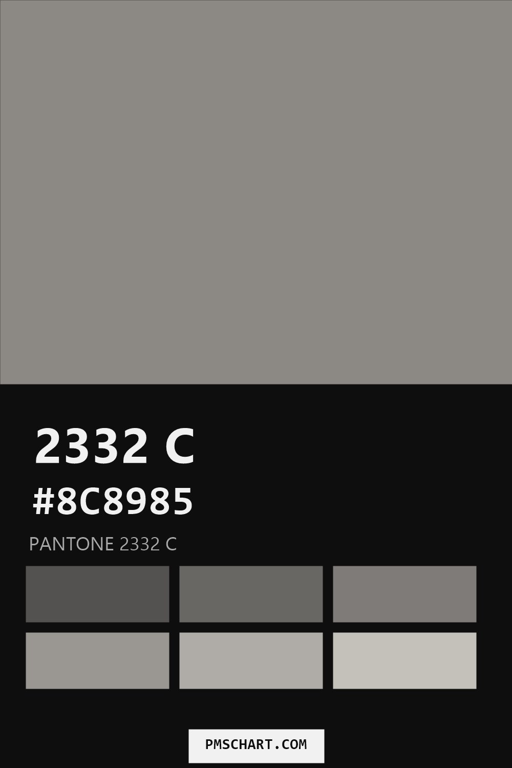 Pantone 2332 C color reference card (HEX #8C8985) with six nearest Pantone matches