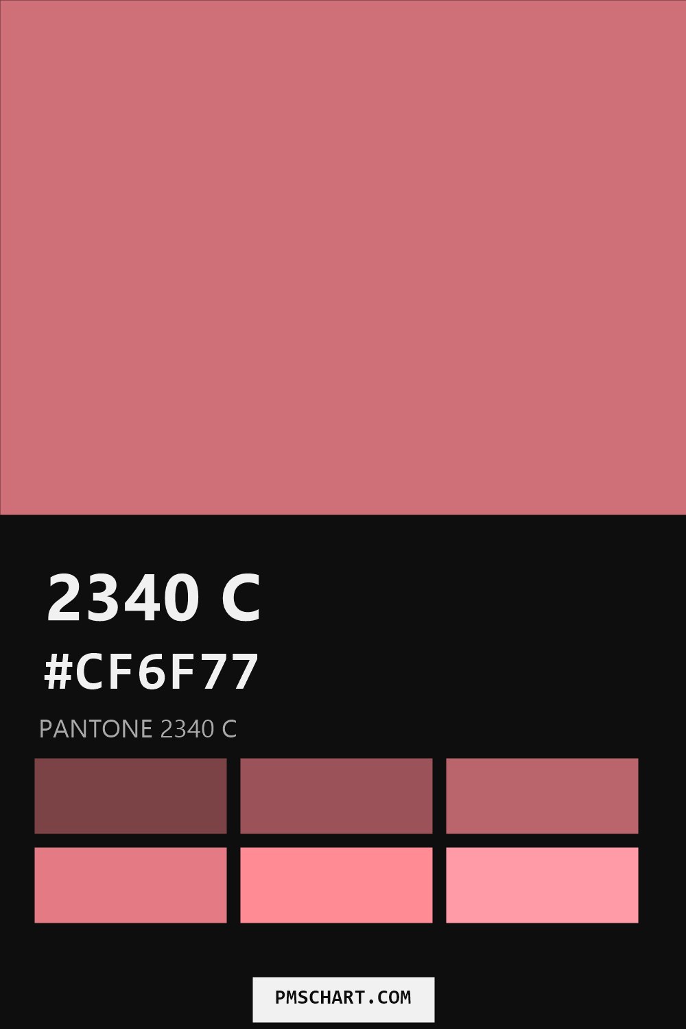 Pantone 2340 C color reference card (HEX #CF6F77) with six nearest Pantone matches