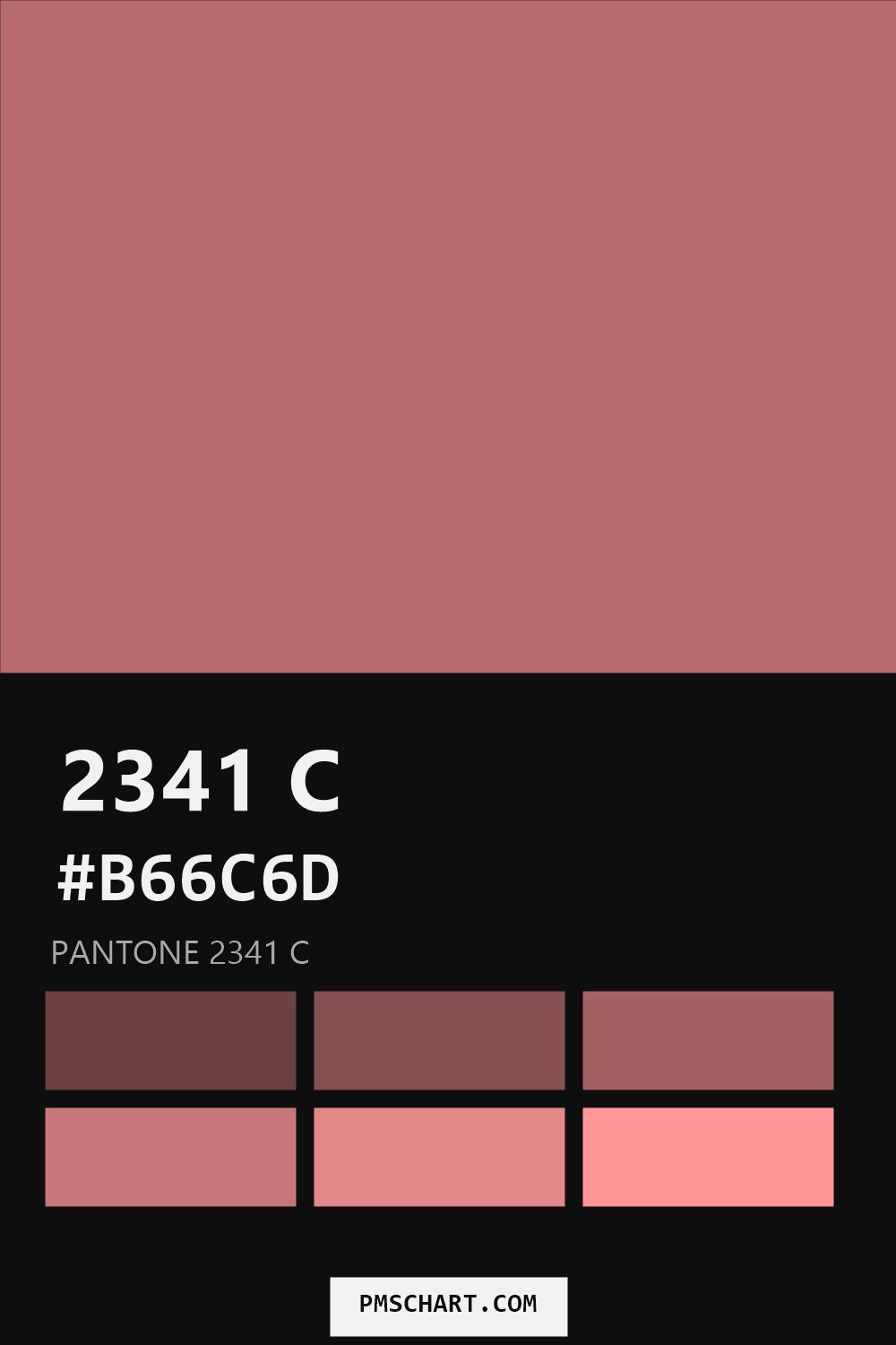 Pantone 2341 C color reference card (HEX #B66C6D) with six nearest Pantone matches
