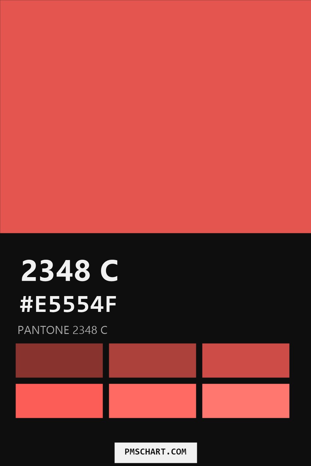 Pantone 2348 C color reference card (HEX #E5554F) with six nearest Pantone matches