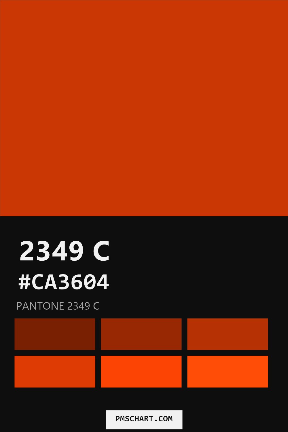 Pantone 2349 C color reference card (HEX #CA3604) with six nearest Pantone matches