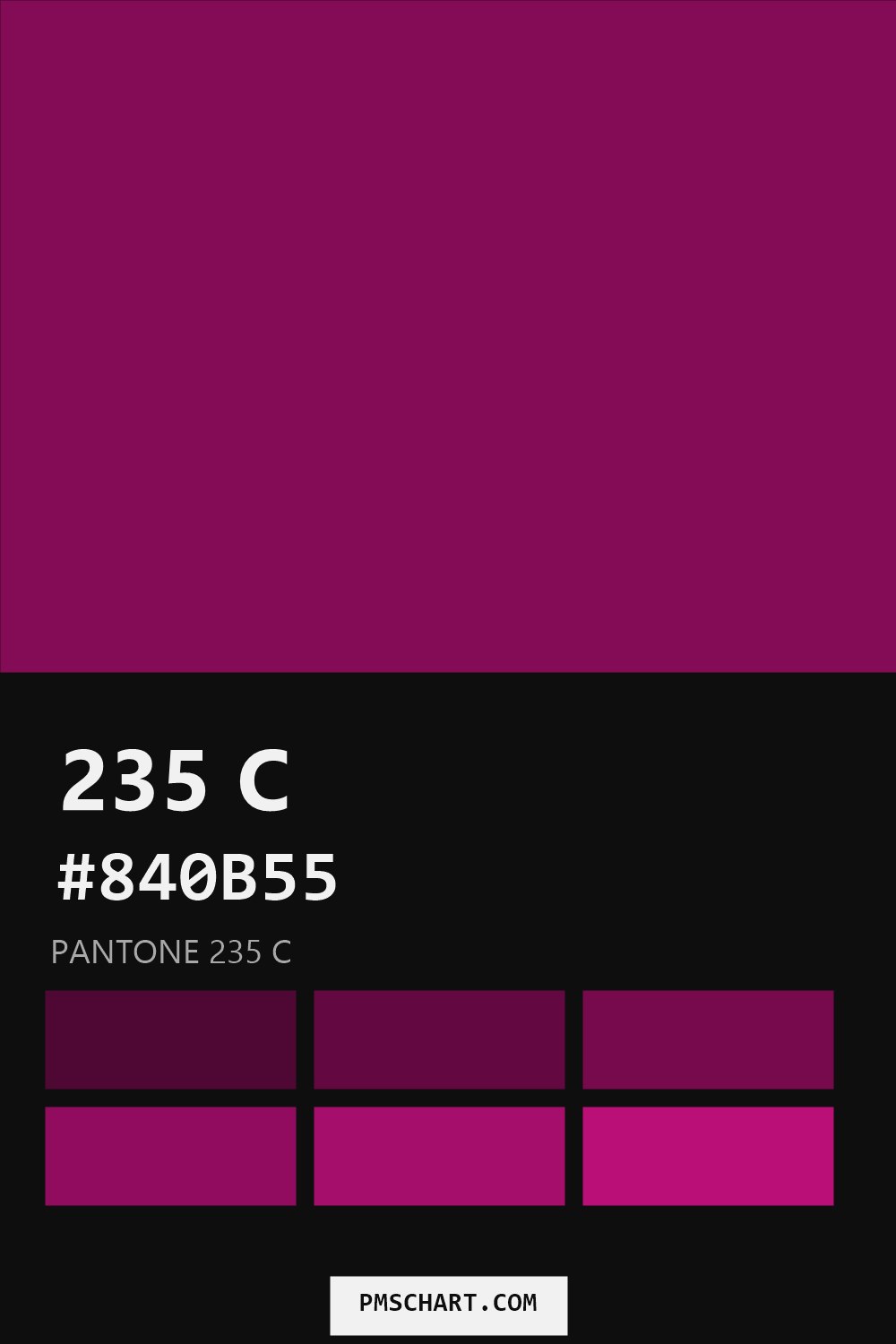 Pantone 235 C color reference card (HEX #840B55) with six nearest Pantone matches