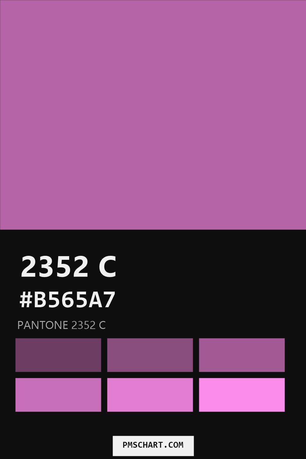 Pantone 2352 C color reference card (HEX #B565A7) with six nearest Pantone matches