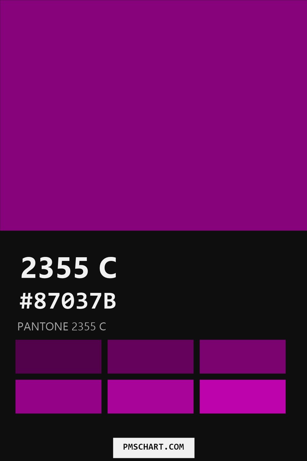 Pantone 2355 C color reference card (HEX #87037B) with six nearest Pantone matches