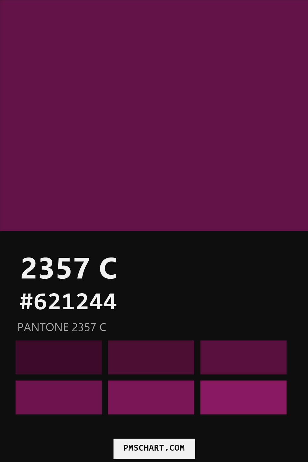 Pantone 2357 C color reference card (HEX #621244) with six nearest Pantone matches