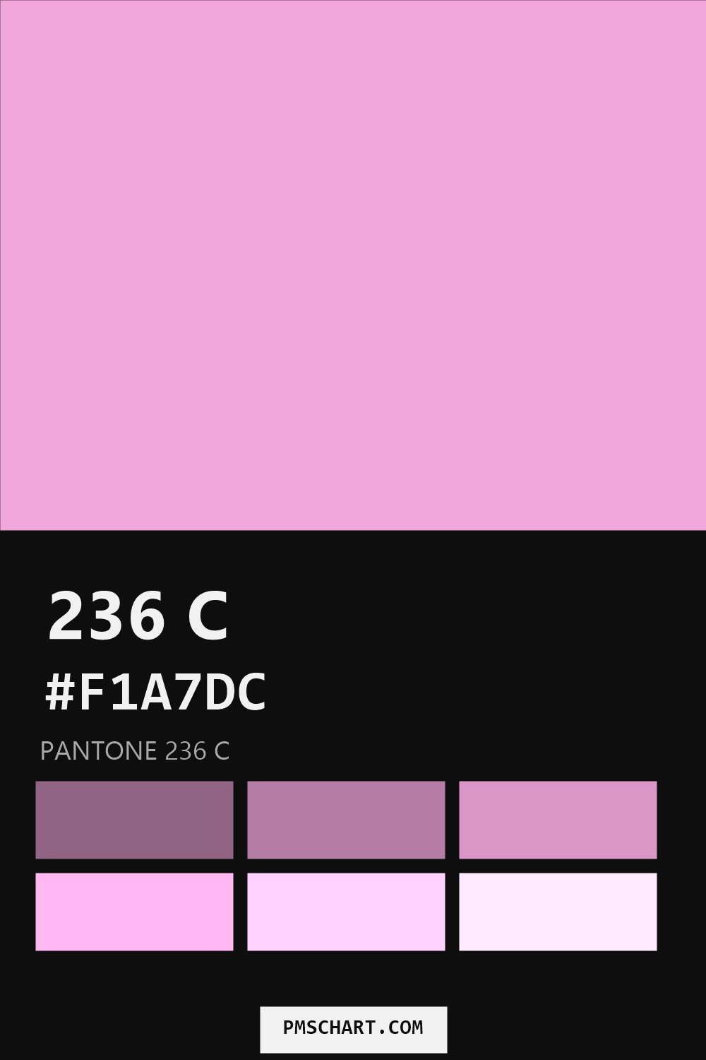 Pantone 236 C color reference card (HEX #F1A7DC) with six nearest Pantone matches