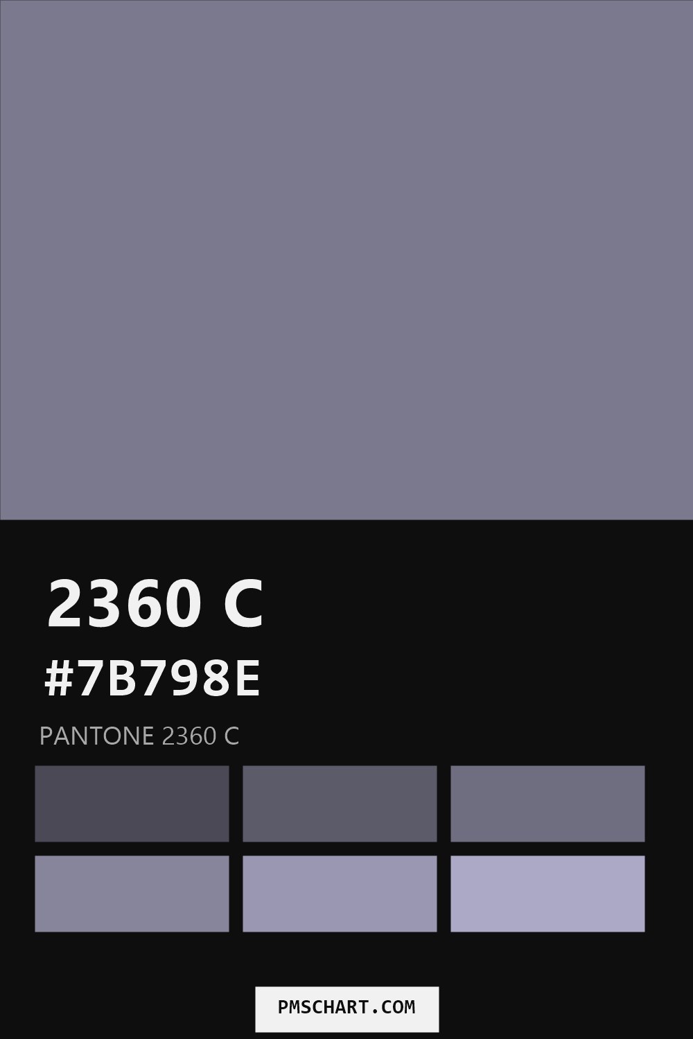 Pantone 2360 C color reference card (HEX #7B798E) with six nearest Pantone matches