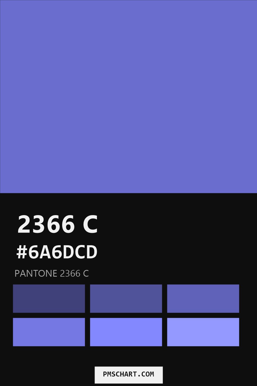 Pantone 2366 C color reference card (HEX #6A6DCD) with six nearest Pantone matches