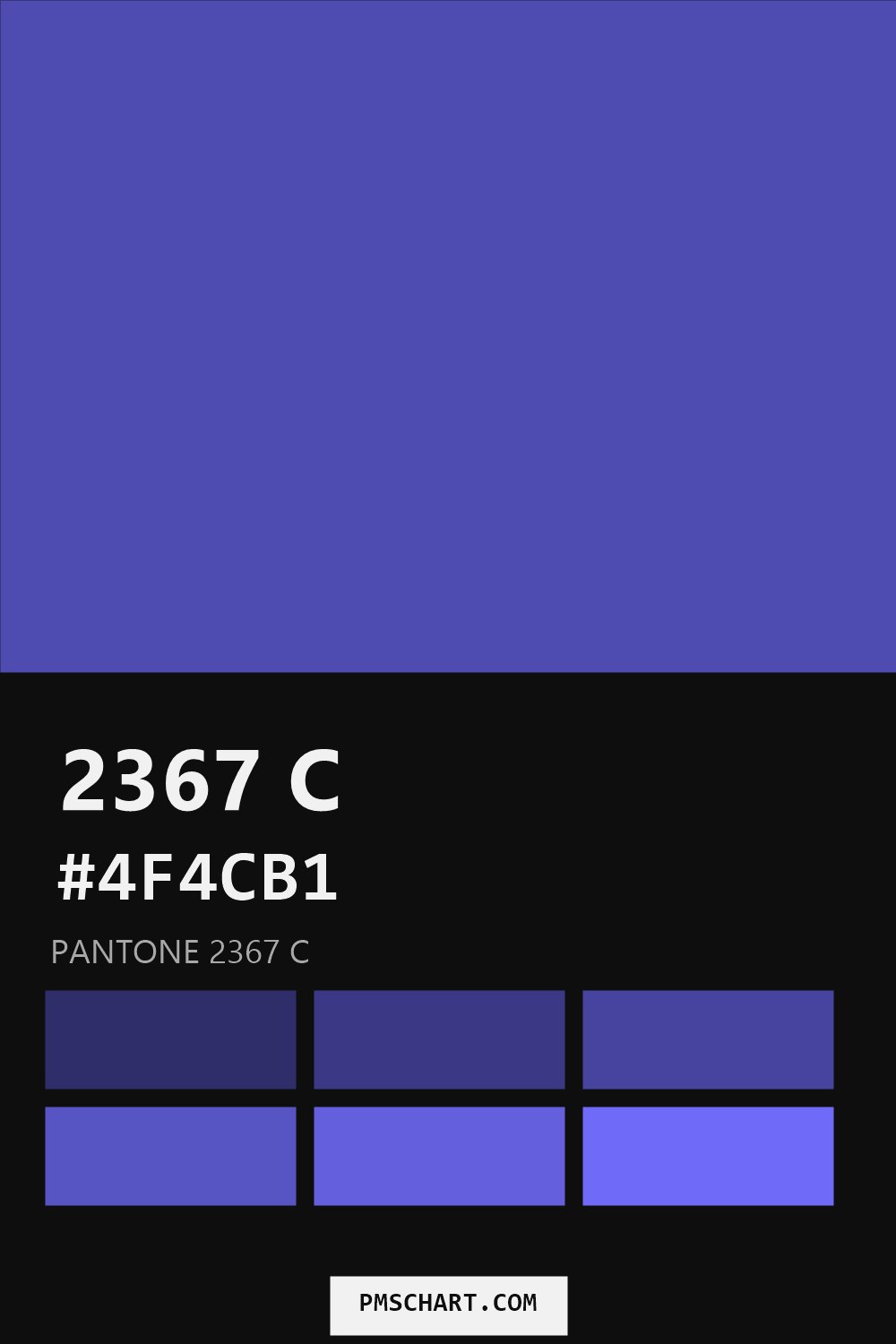 Pantone 2367 C color reference card (HEX #4F4CB1) with six nearest Pantone matches