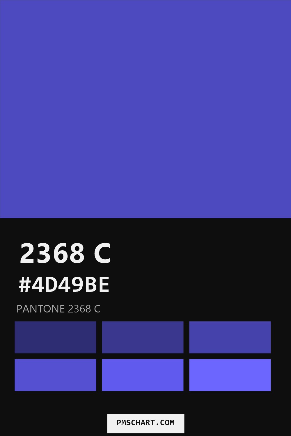 Pantone 2368 C color reference card (HEX #4D49BE) with six nearest Pantone matches