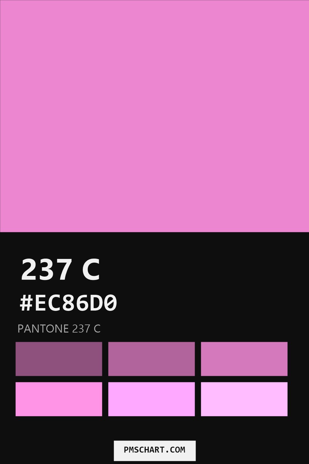 Pantone 237 C color reference card (HEX #EC86D0) with six nearest Pantone matches