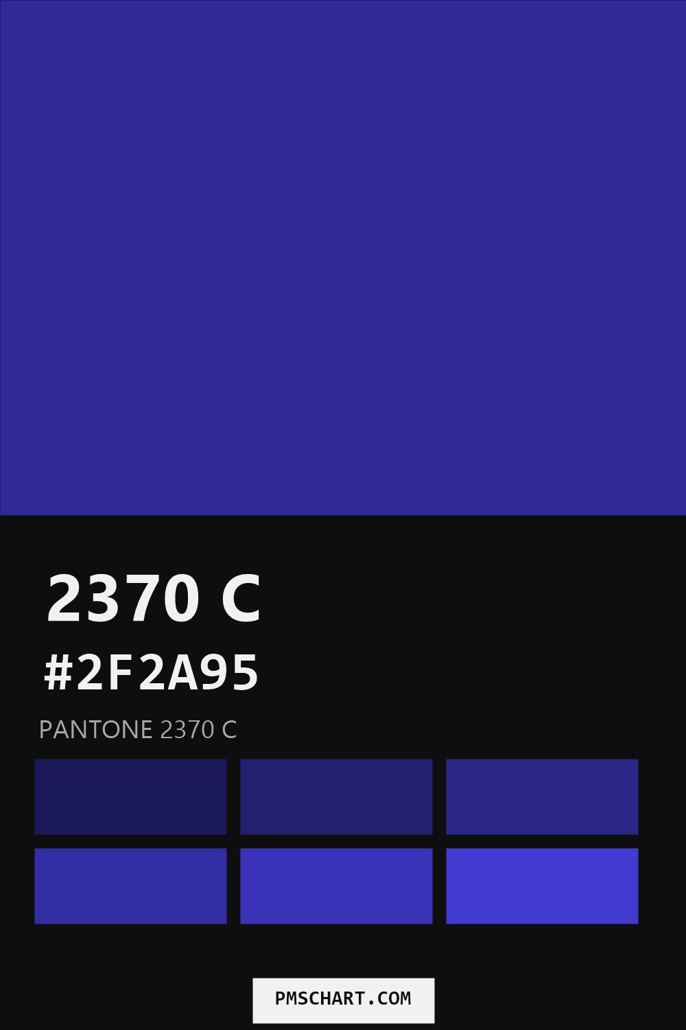 Pantone 2370 C color reference card (HEX #2F2A95) with six nearest Pantone matches