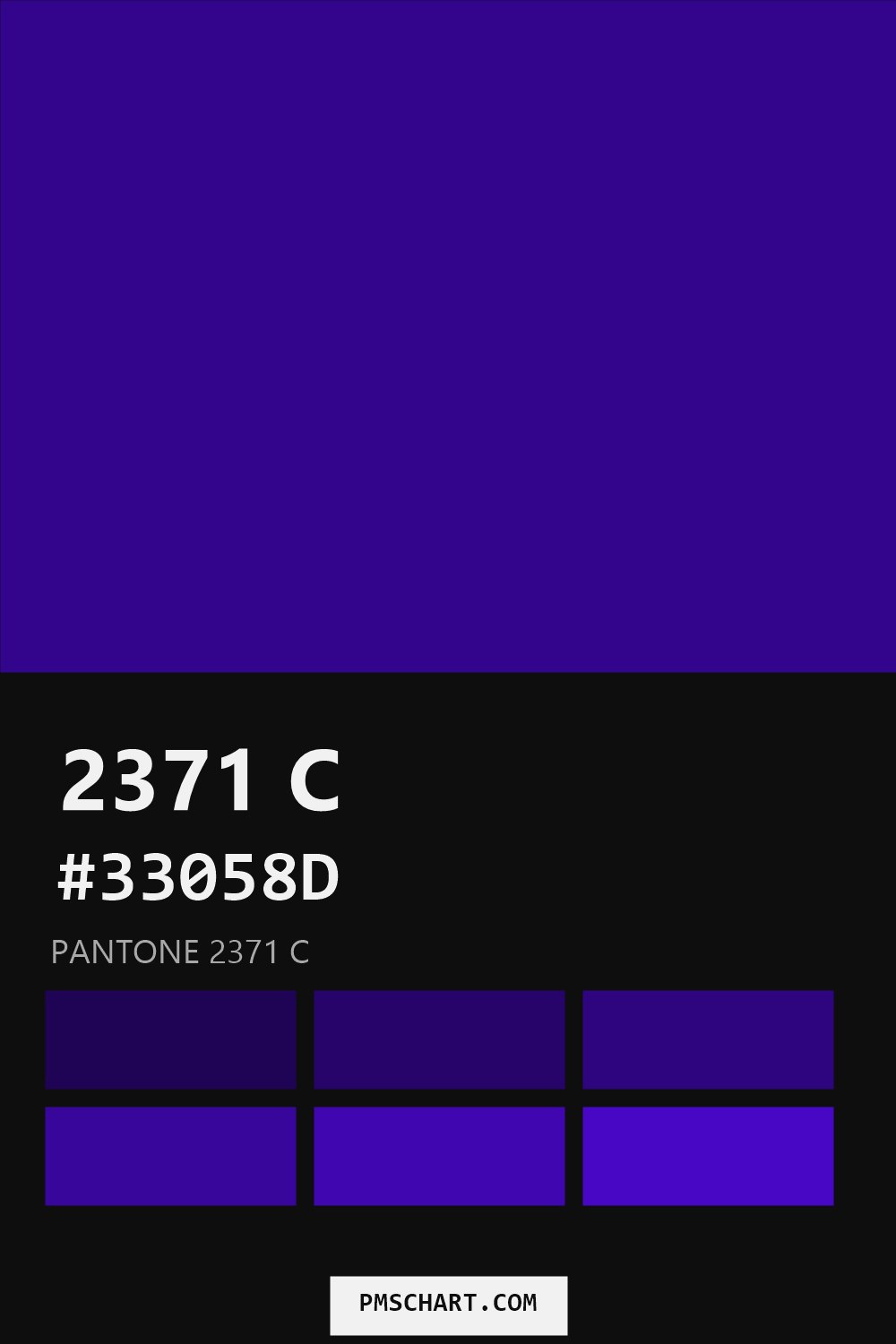 Pantone 2371 C color reference card (HEX #33058D) with six nearest Pantone matches