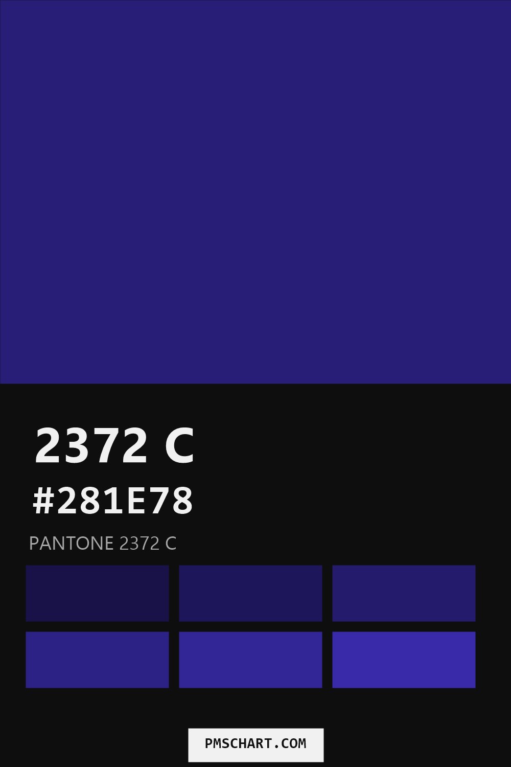 Pantone 2372 C color reference card (HEX #281E78) with six nearest Pantone matches