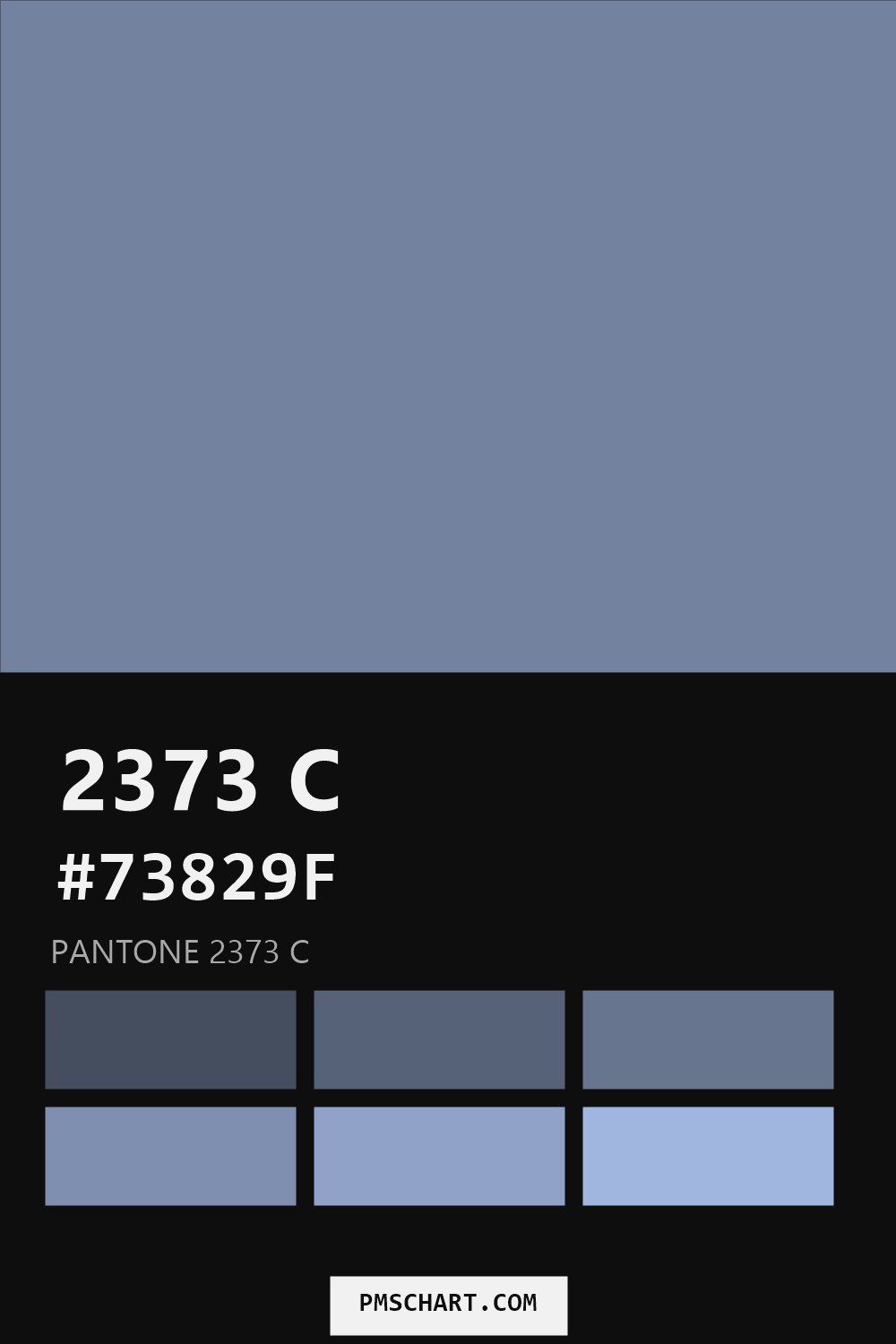 Pantone 2373 C color reference card (HEX #73829F) with six nearest Pantone matches