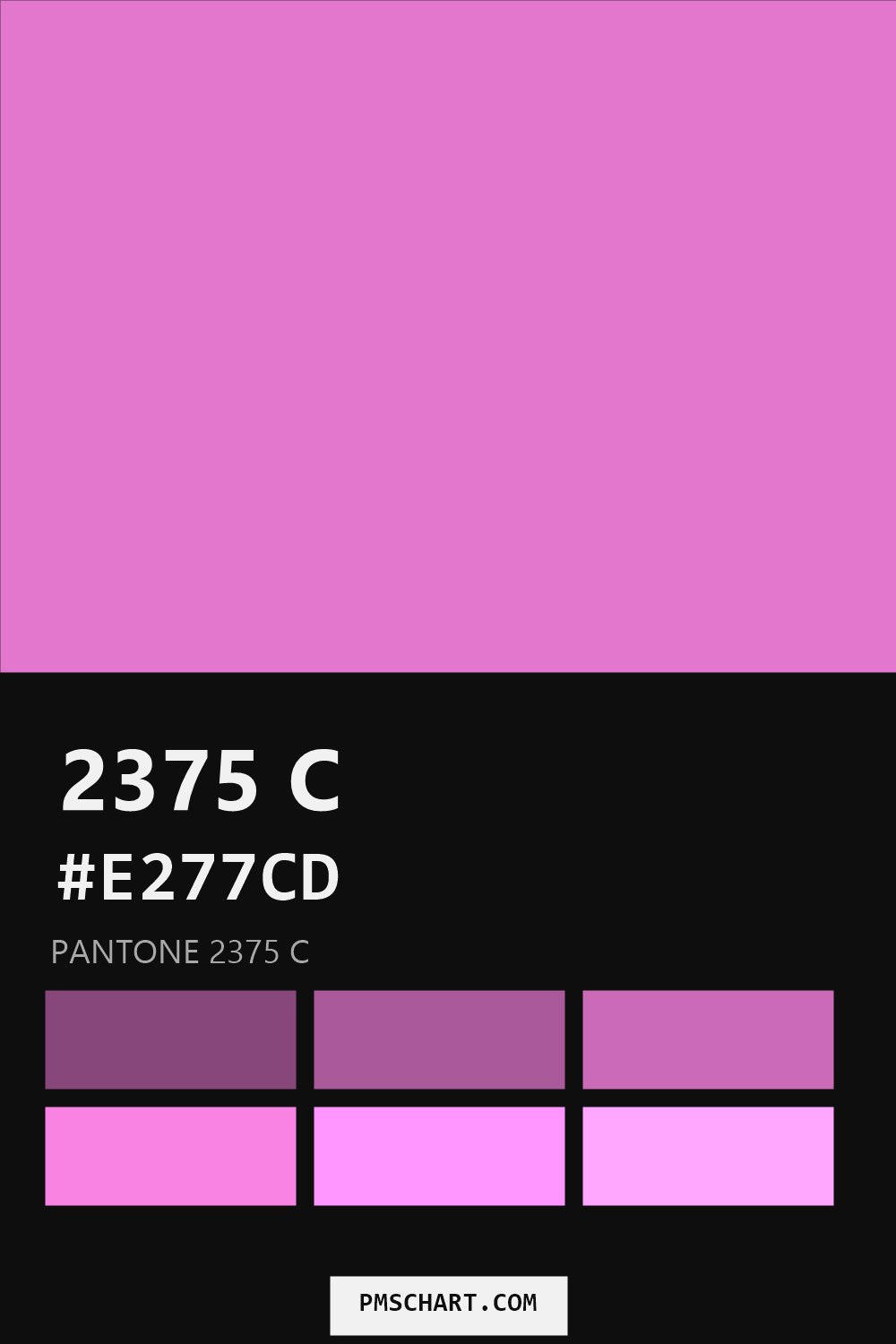 Pantone 2375 C color reference card (HEX #E277CD) with six nearest Pantone matches