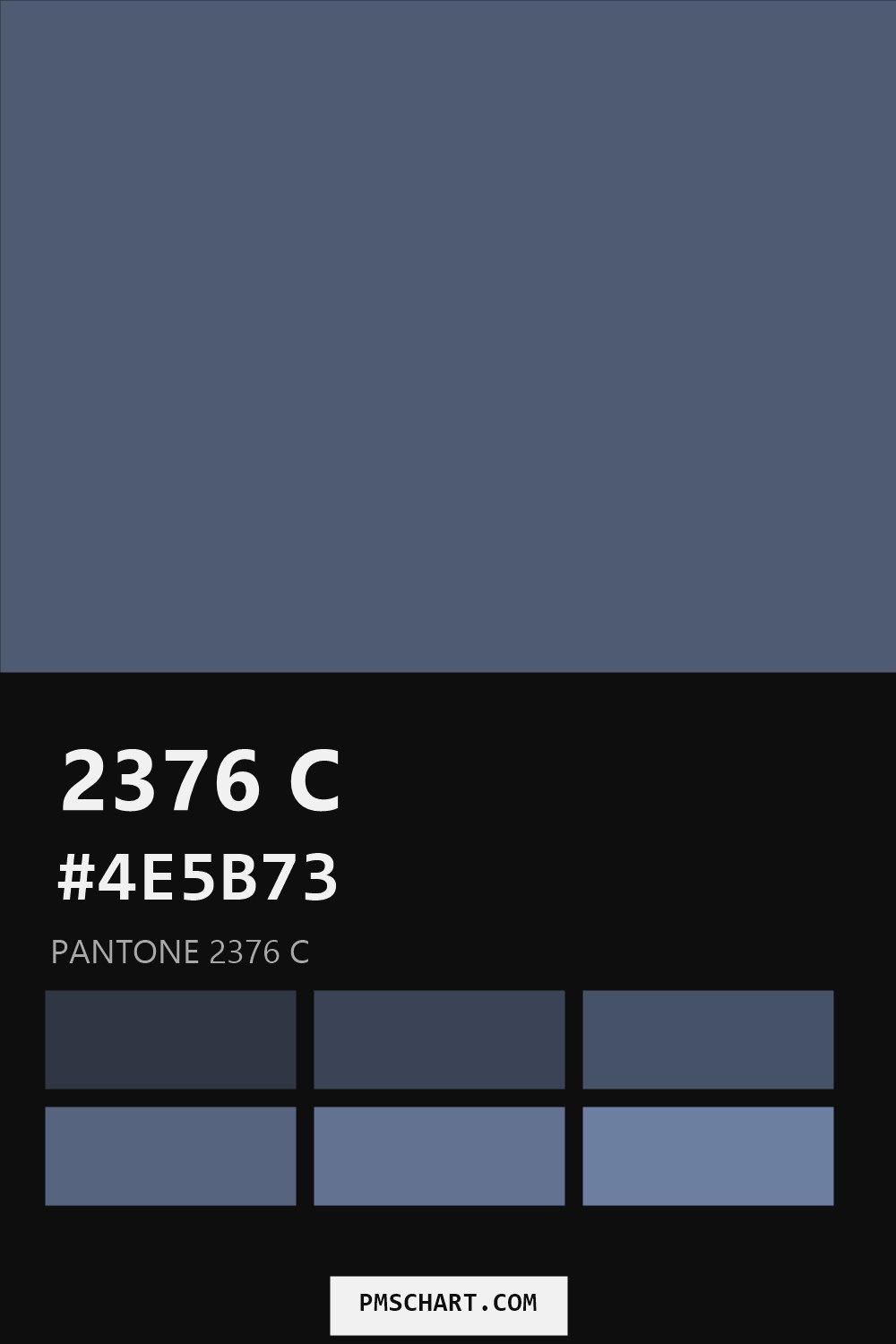 Pantone 2376 C color reference card (HEX #4E5B73) with six nearest Pantone matches