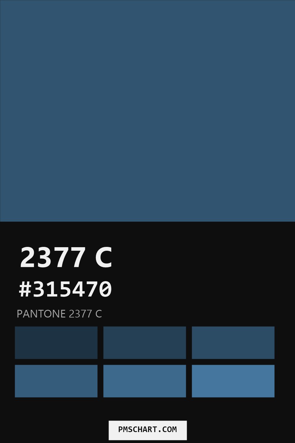 Pantone 2377 C color reference card (HEX #315470) with six nearest Pantone matches