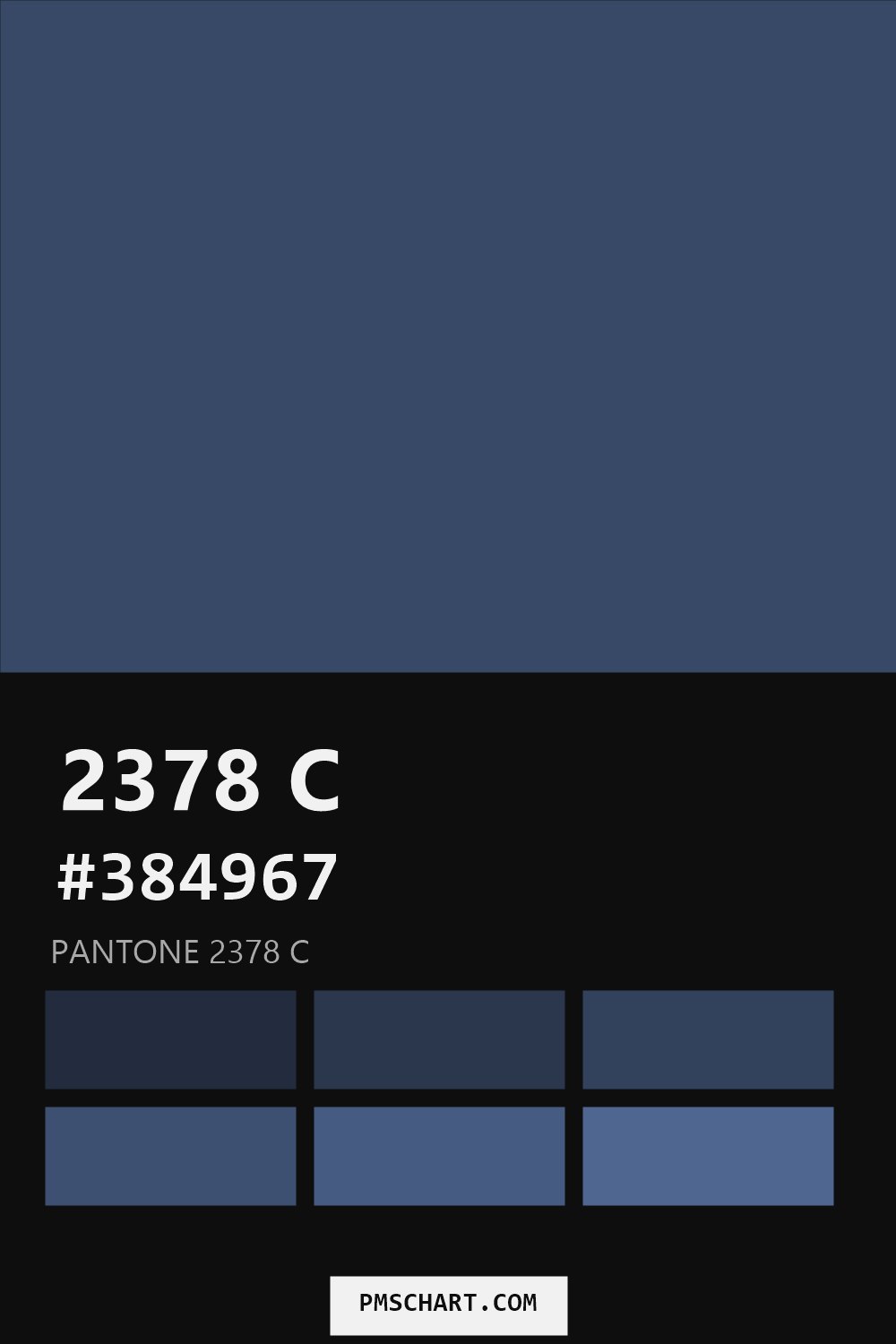 Pantone 2378 C color reference card (HEX #384967) with six nearest Pantone matches