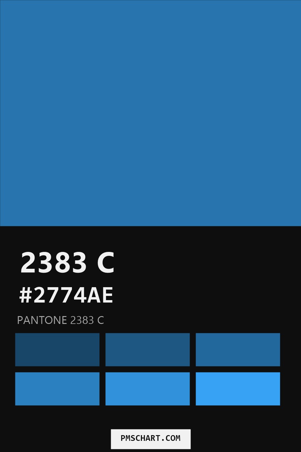 Pantone 2383 C color reference card (HEX #2774AE) with six nearest Pantone matches