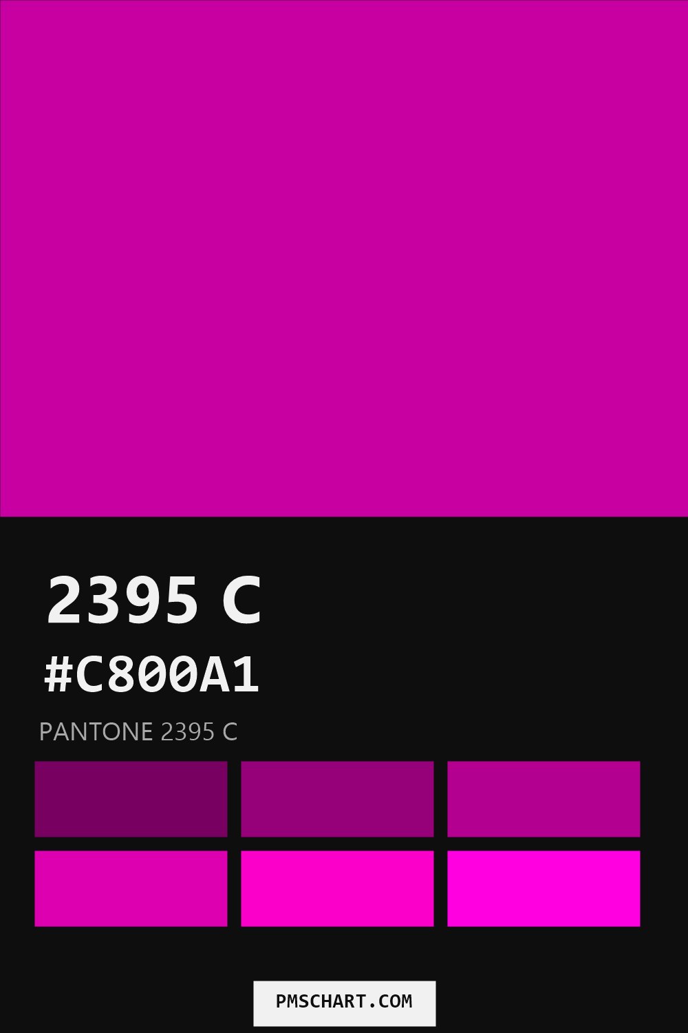 Pantone 2395 C color reference card (HEX #C800A1) with six nearest Pantone matches