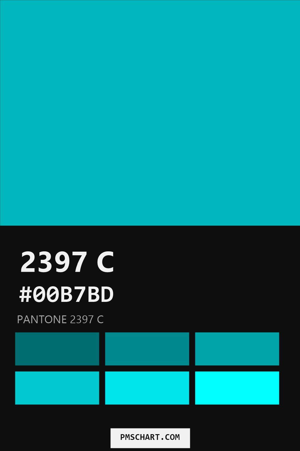 Pantone 2397 C color reference card (HEX #00B7BD) with six nearest Pantone matches
