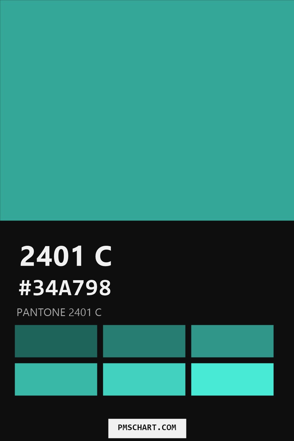 Pantone 2401 C color reference card (HEX #34A798) with six nearest Pantone matches