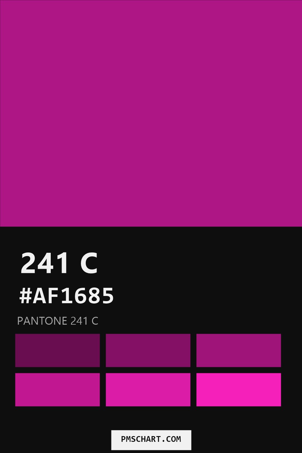 Pantone 241 C color reference card (HEX #AF1685) with six nearest Pantone matches