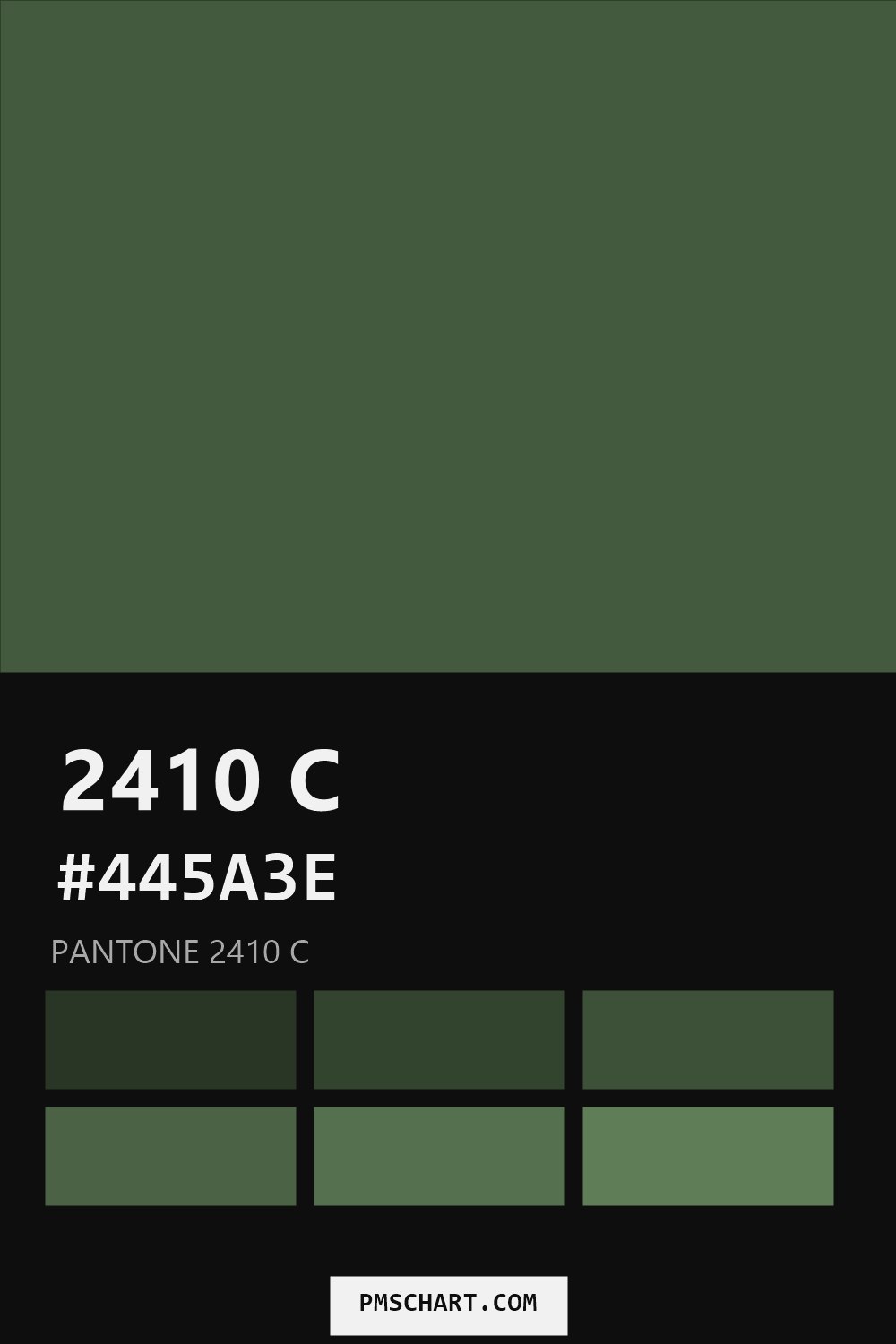 Pantone 2410 C color reference card (HEX #445A3E) with six nearest Pantone matches