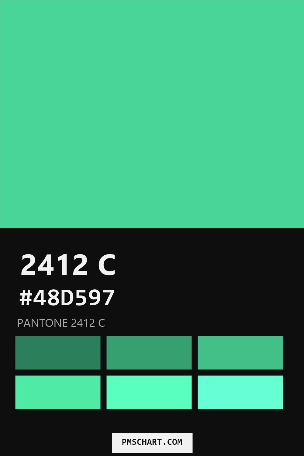 Pantone 2412 C color reference card (HEX #48D597) with six nearest Pantone matches