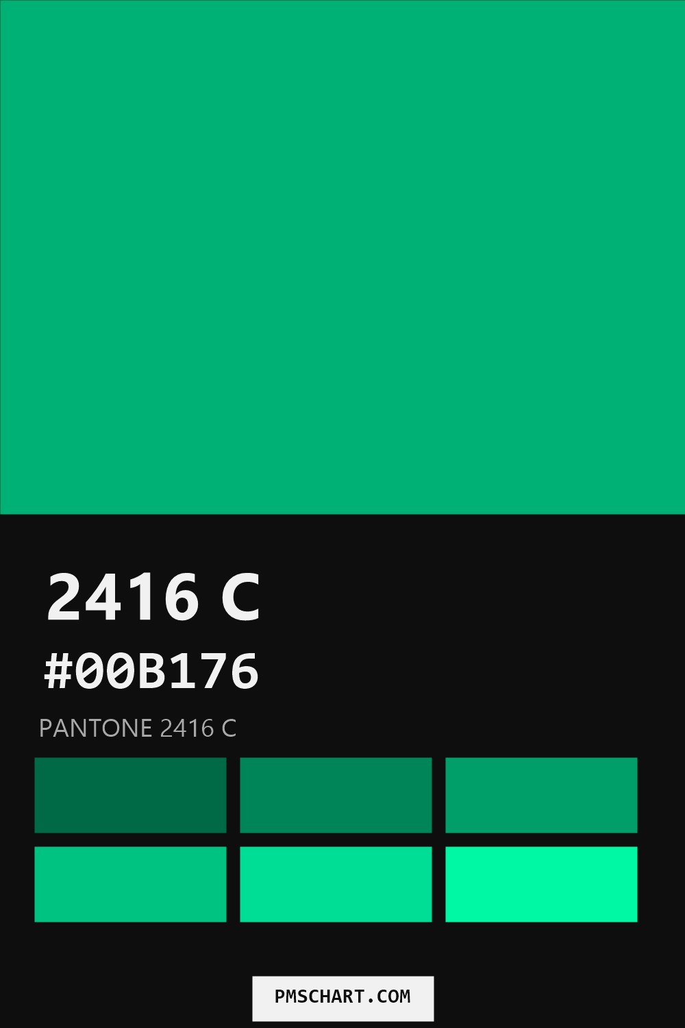 Pantone 2416 C color reference card (HEX #00B176) with six nearest Pantone matches