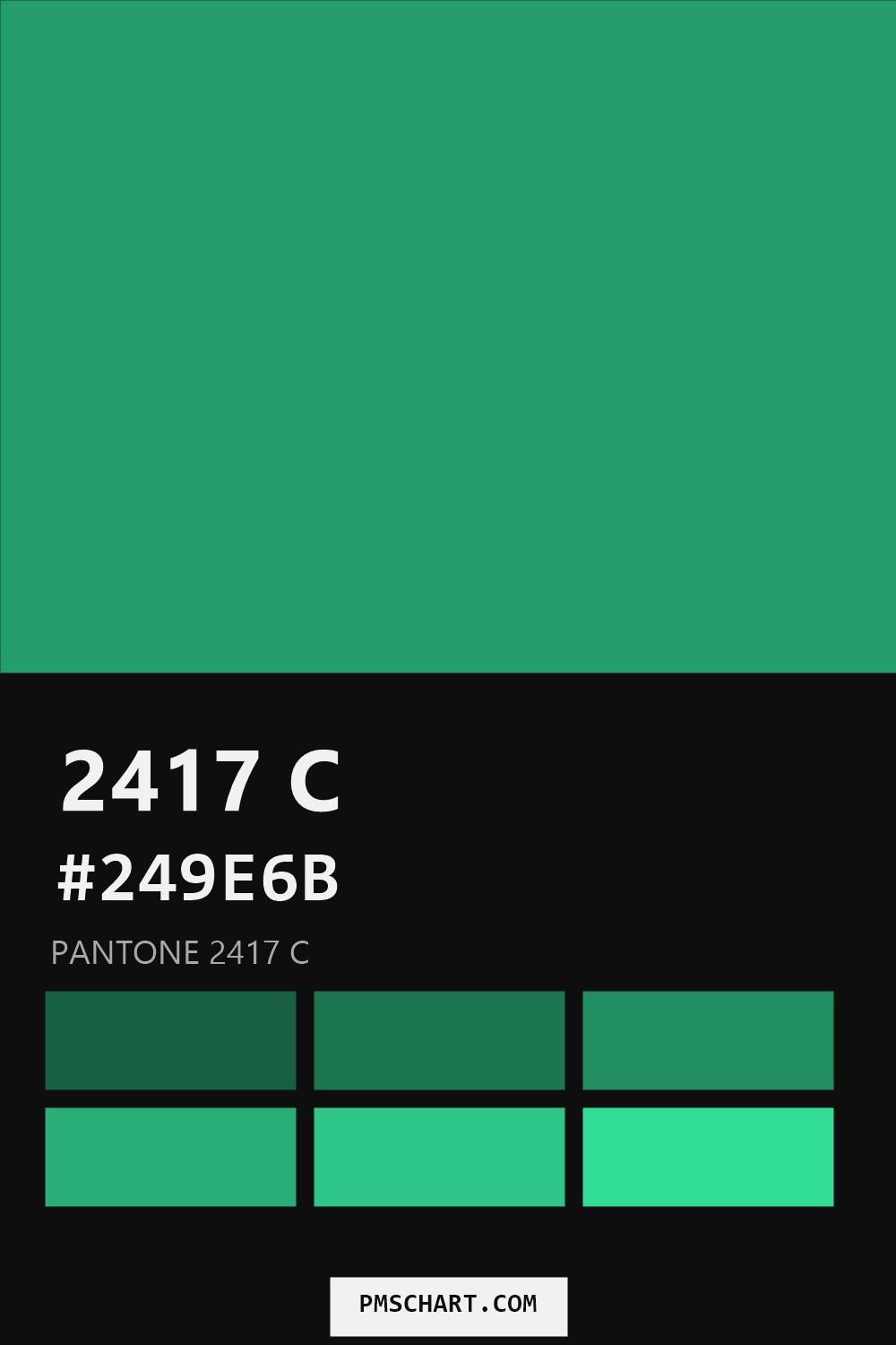 Pantone 2417 C color reference card (HEX #249E6B) with six nearest Pantone matches