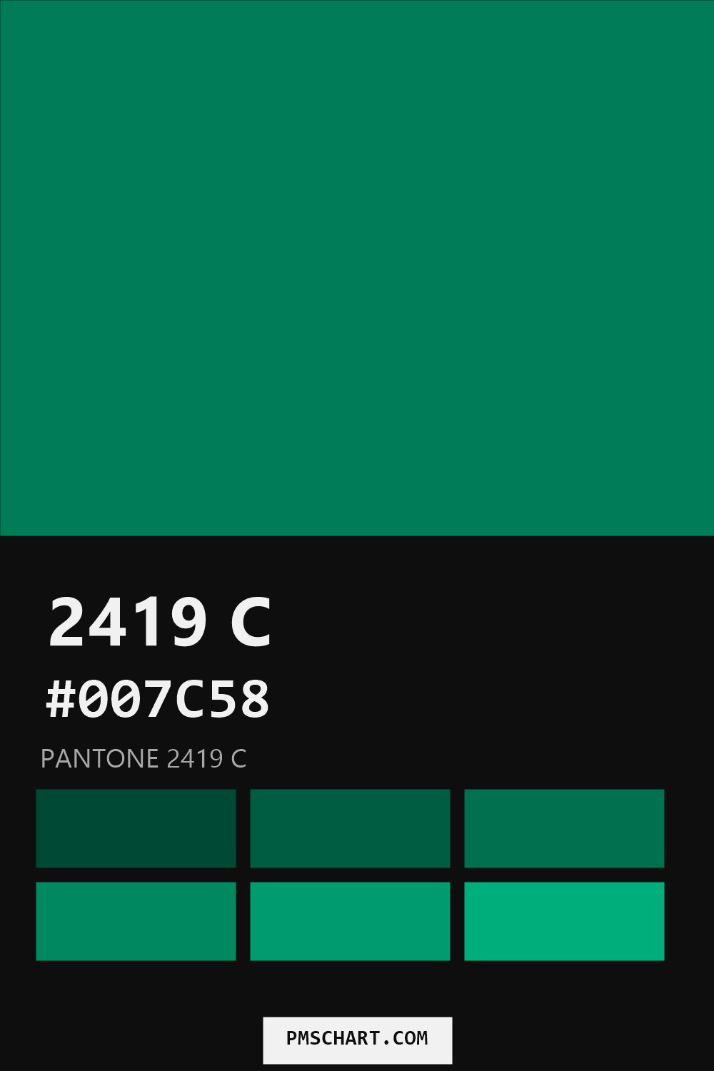 Pantone 2419 C color reference card (HEX #007C58) with six nearest Pantone matches