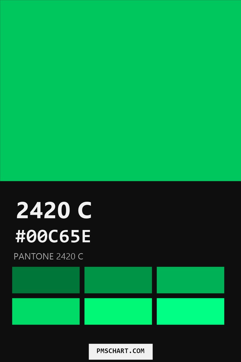 Pantone 2420 C color reference card (HEX #00C65E) with six nearest Pantone matches