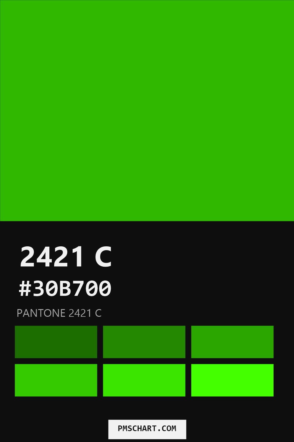 Pantone 2421 C color reference card (HEX #30B700) with six nearest Pantone matches
