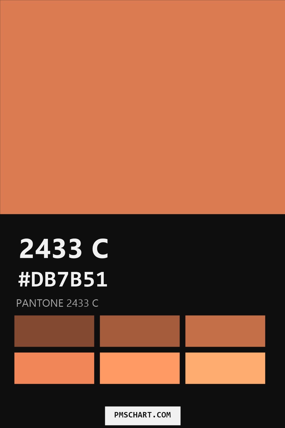 Pantone 2433 C color reference card (HEX #DB7B51) with six nearest Pantone matches