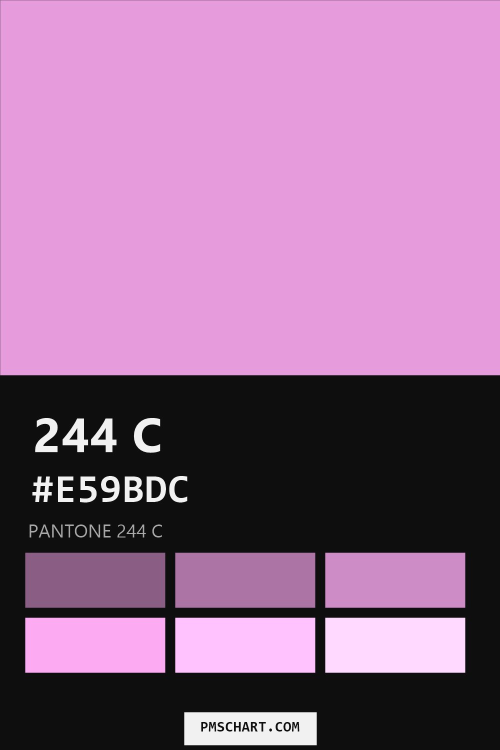 Pantone 244 C color reference card (HEX #E59BDC) with six nearest Pantone matches