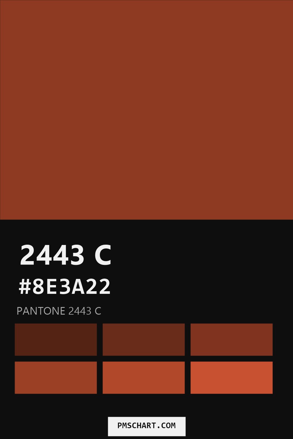 Pantone 2443 C color reference card (HEX #8E3A22) with six nearest Pantone matches