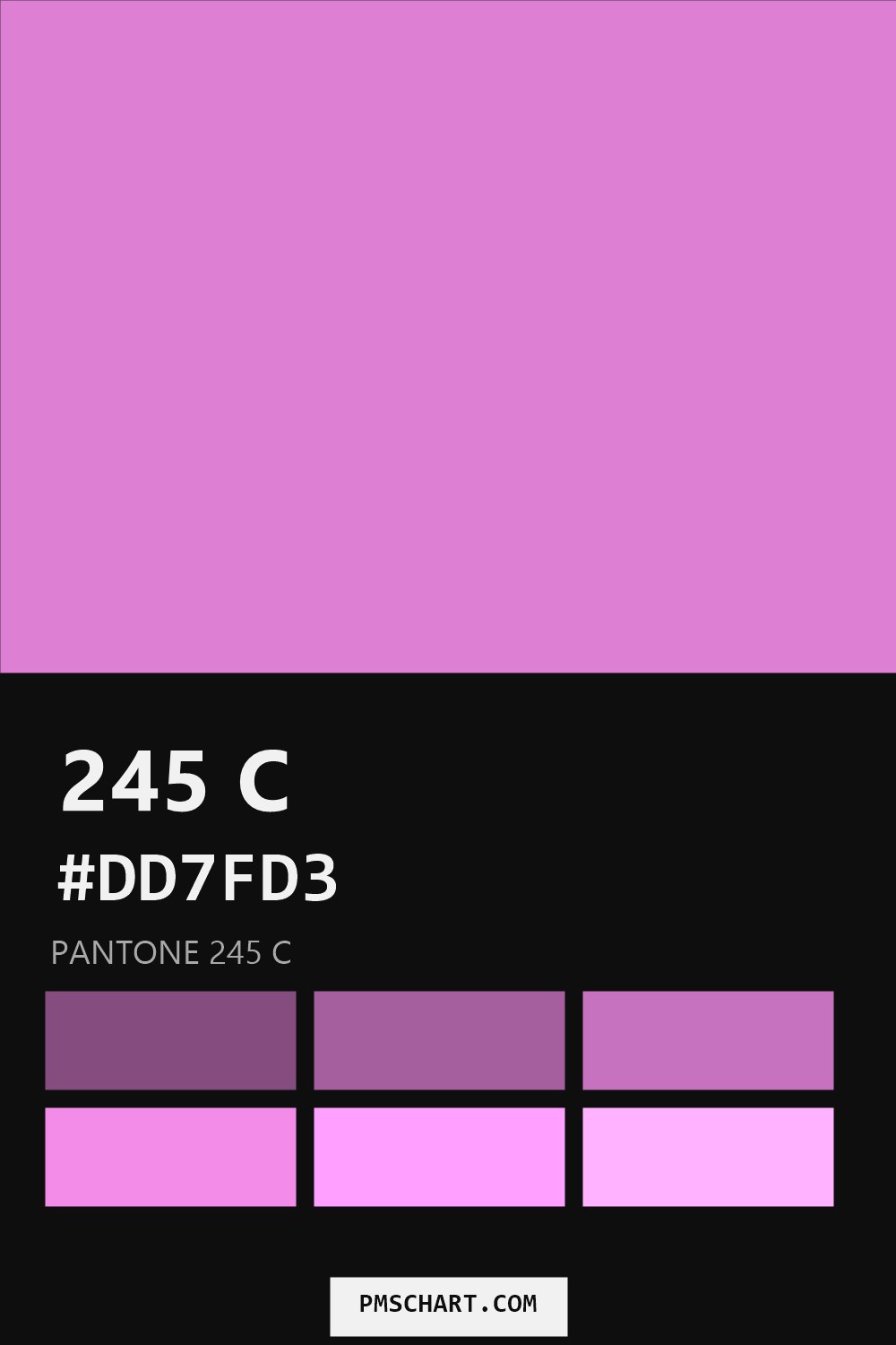 Pantone 245 C color reference card (HEX #DD7FD3) with six nearest Pantone matches