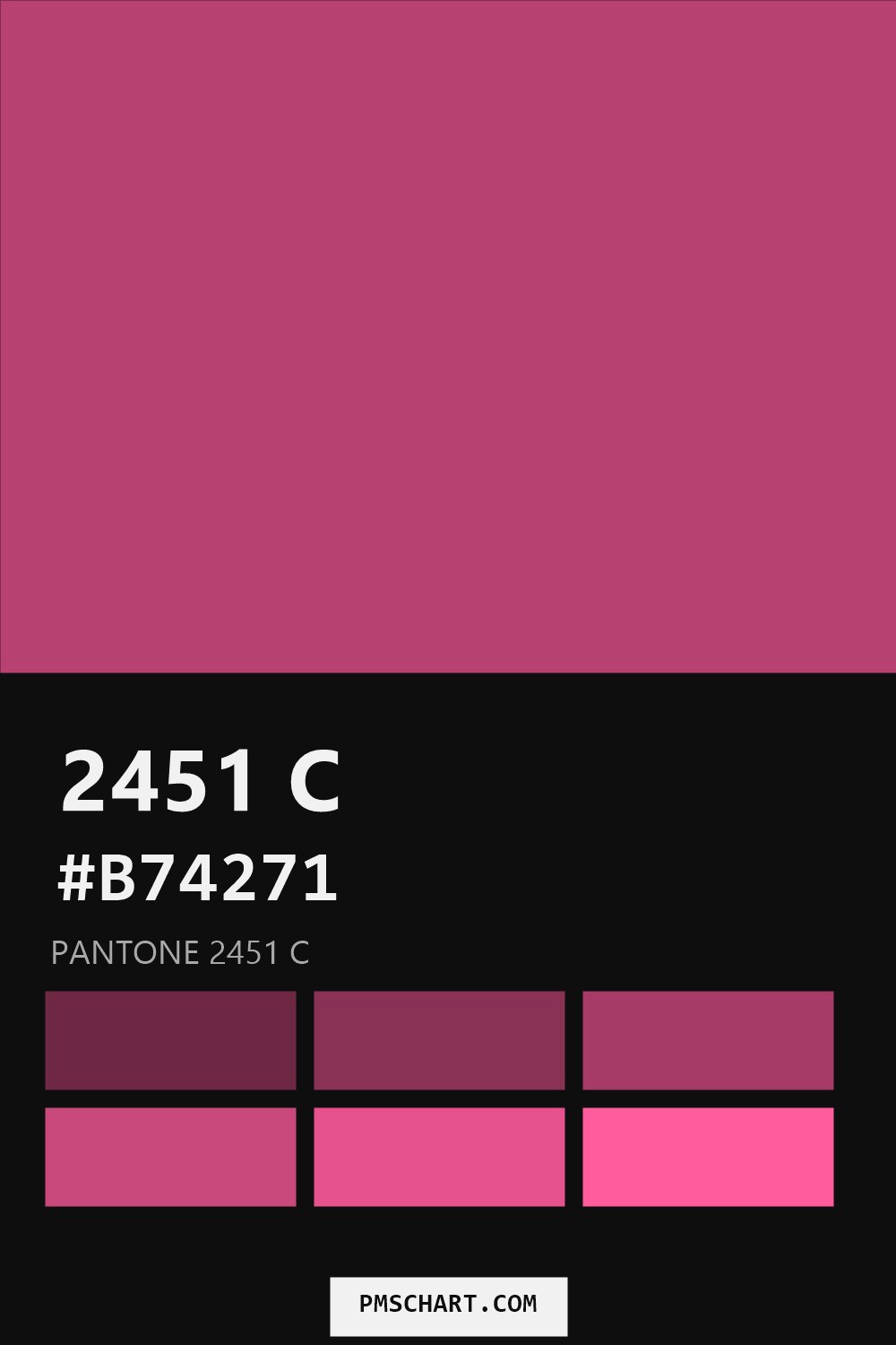Pantone 2451 C color reference card (HEX #B74271) with six nearest Pantone matches