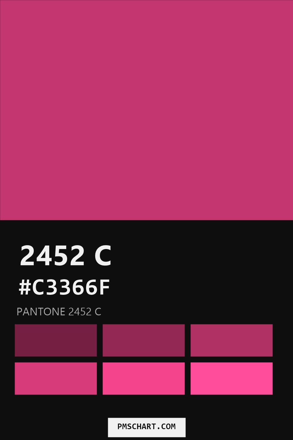 Pantone 2452 C color reference card (HEX #C3366F) with six nearest Pantone matches