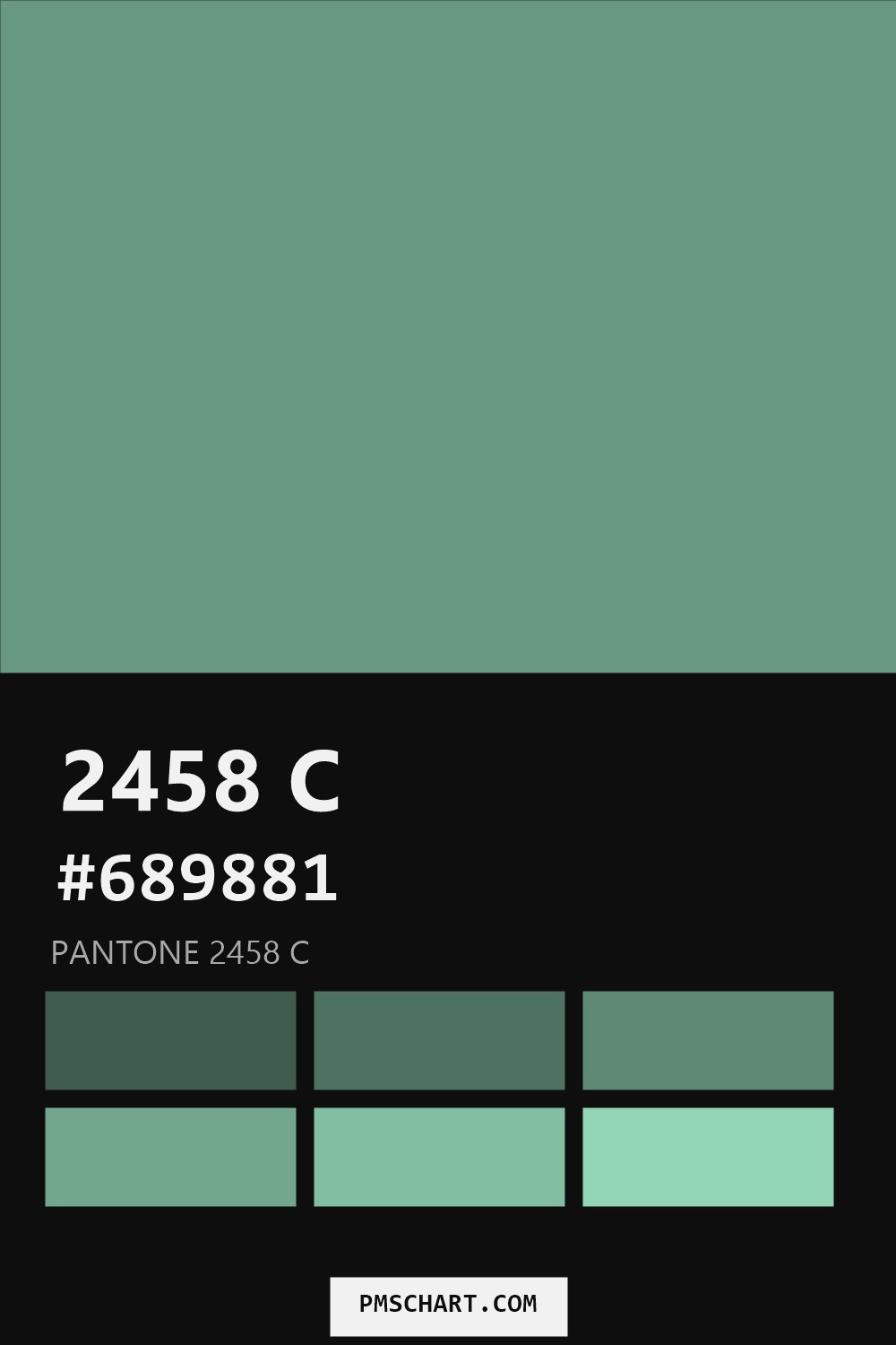 Pantone 2458 C color reference card (HEX #689881) with six nearest Pantone matches