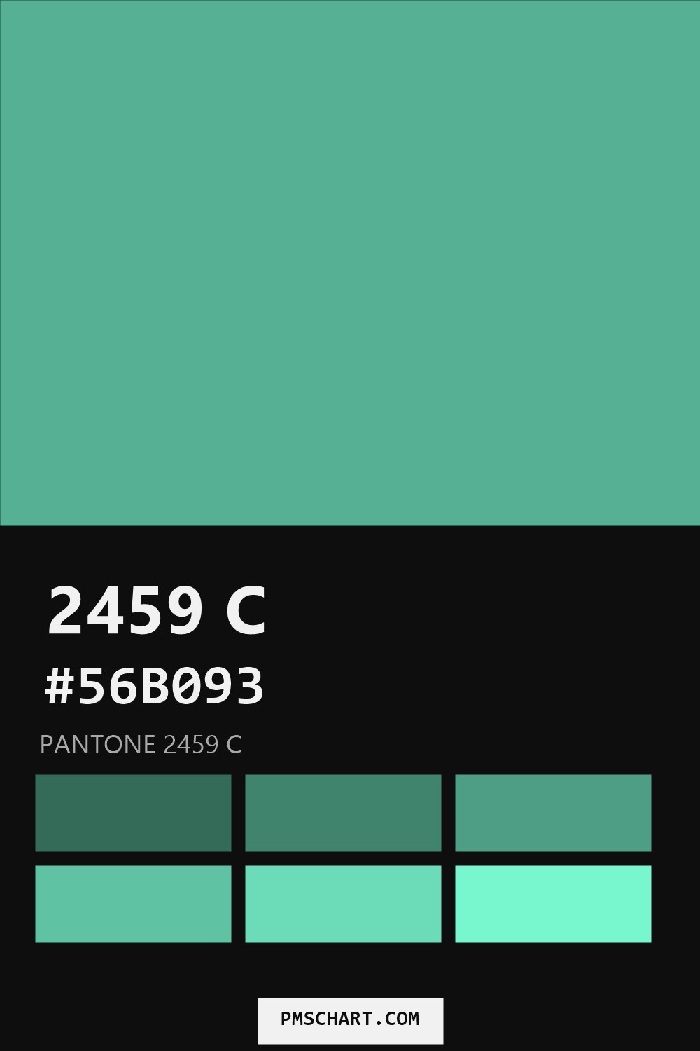 Pantone 2459 C color reference card (HEX #56B093) with six nearest Pantone matches
