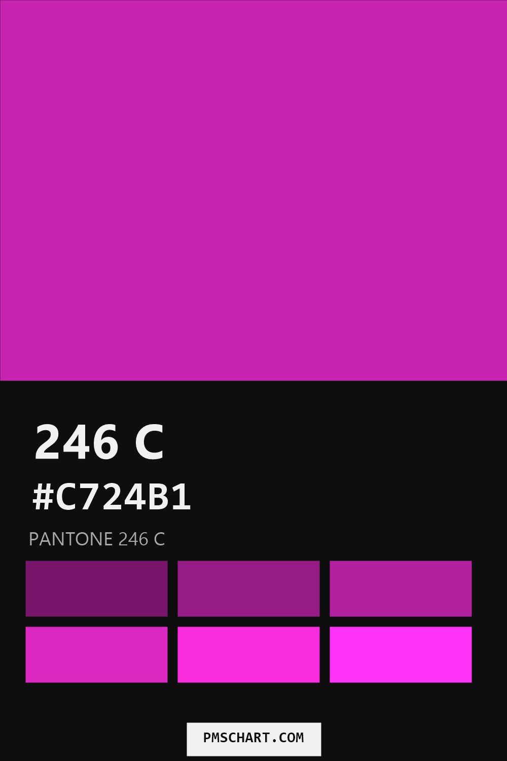 Pantone 246 C color reference card (HEX #C724B1) with six nearest Pantone matches