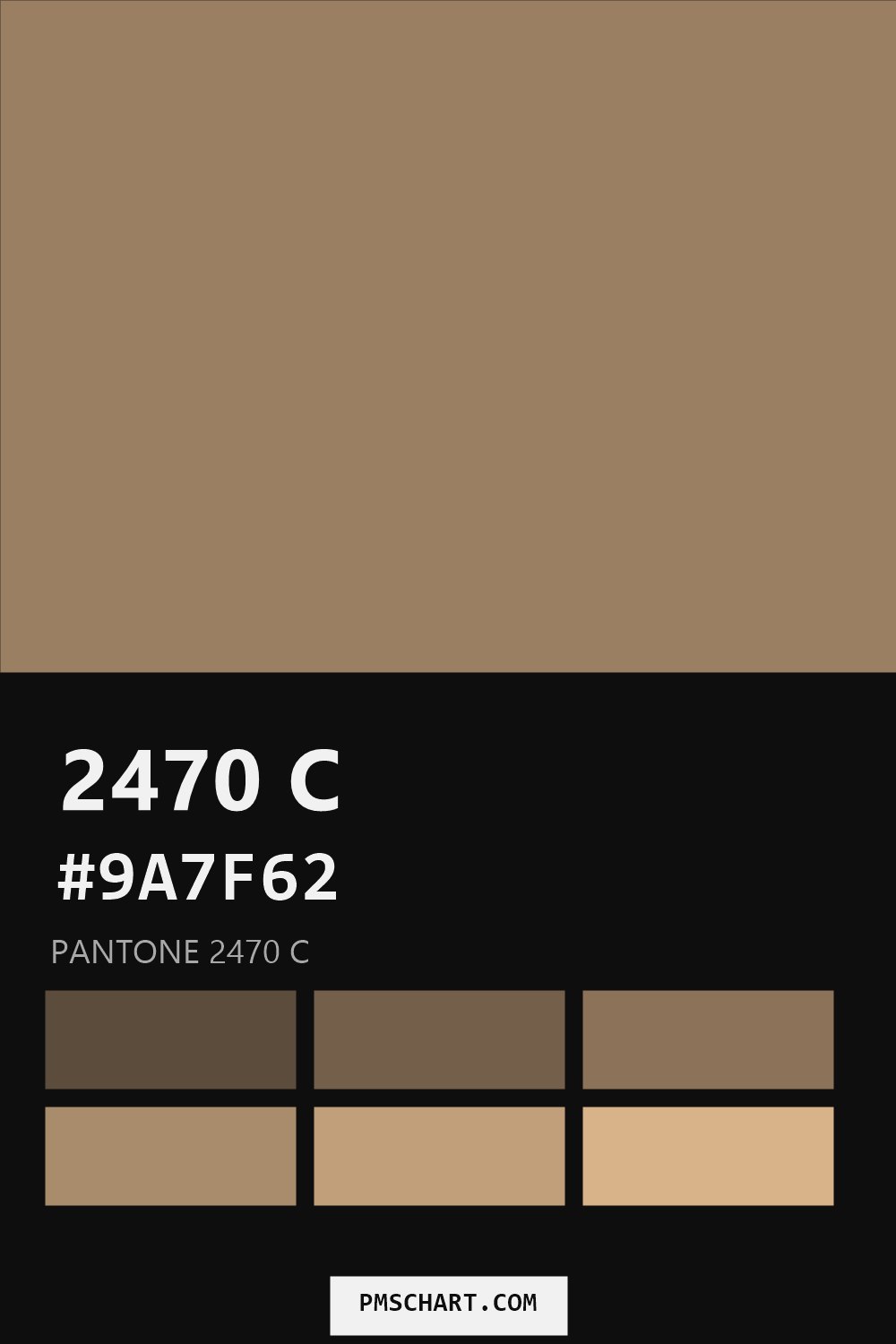 Pantone 2470 C color reference card (HEX #9A7F62) with six nearest Pantone matches