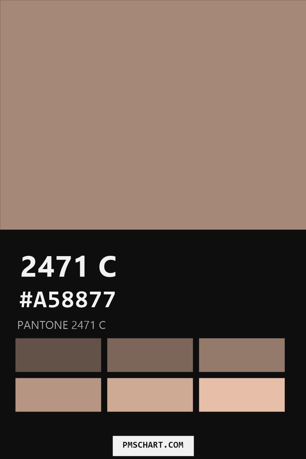 Pantone 2471 C color reference card (HEX #A58877) with six nearest Pantone matches