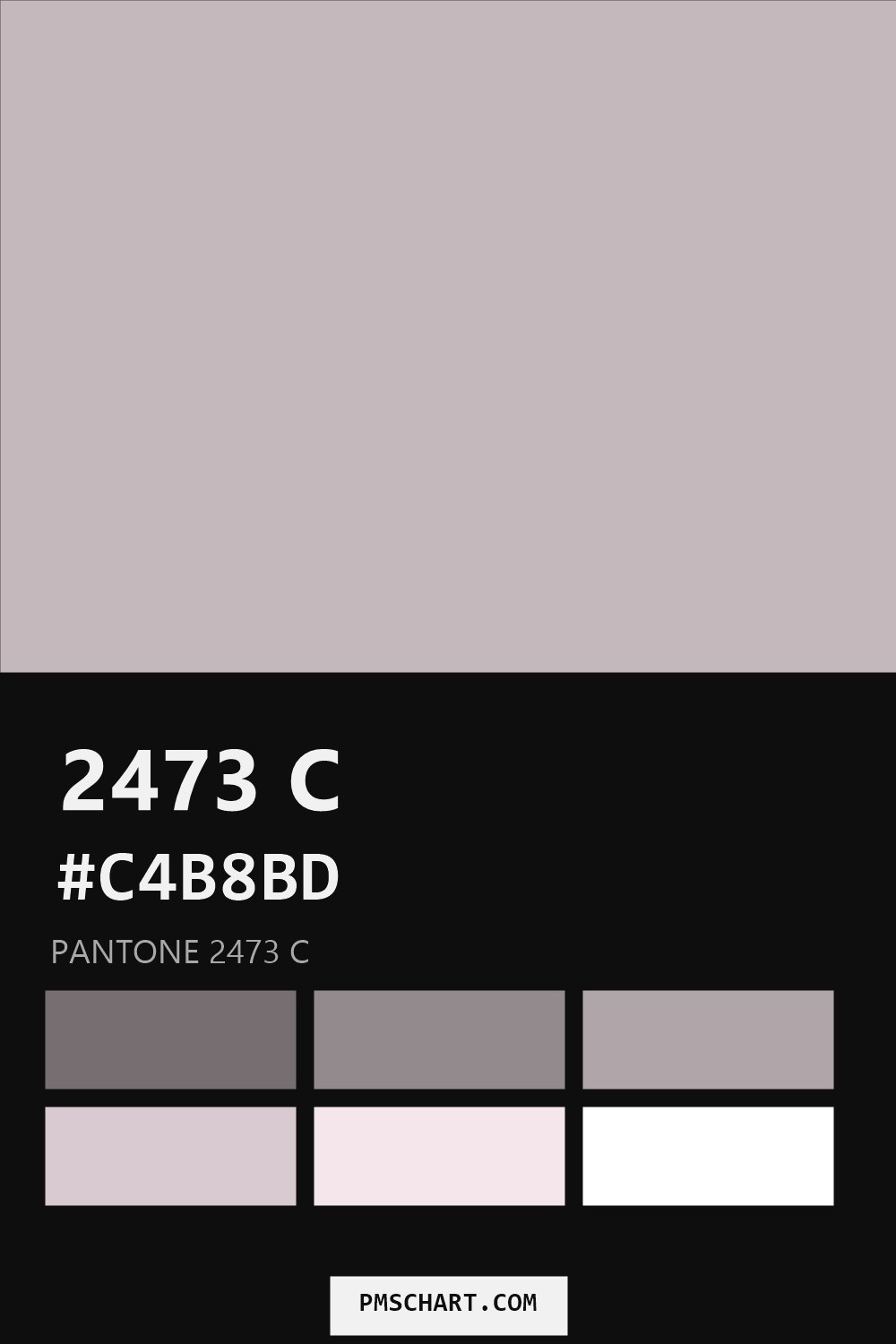 Pantone 2473 C color reference card (HEX #C4B8BD) with six nearest Pantone matches