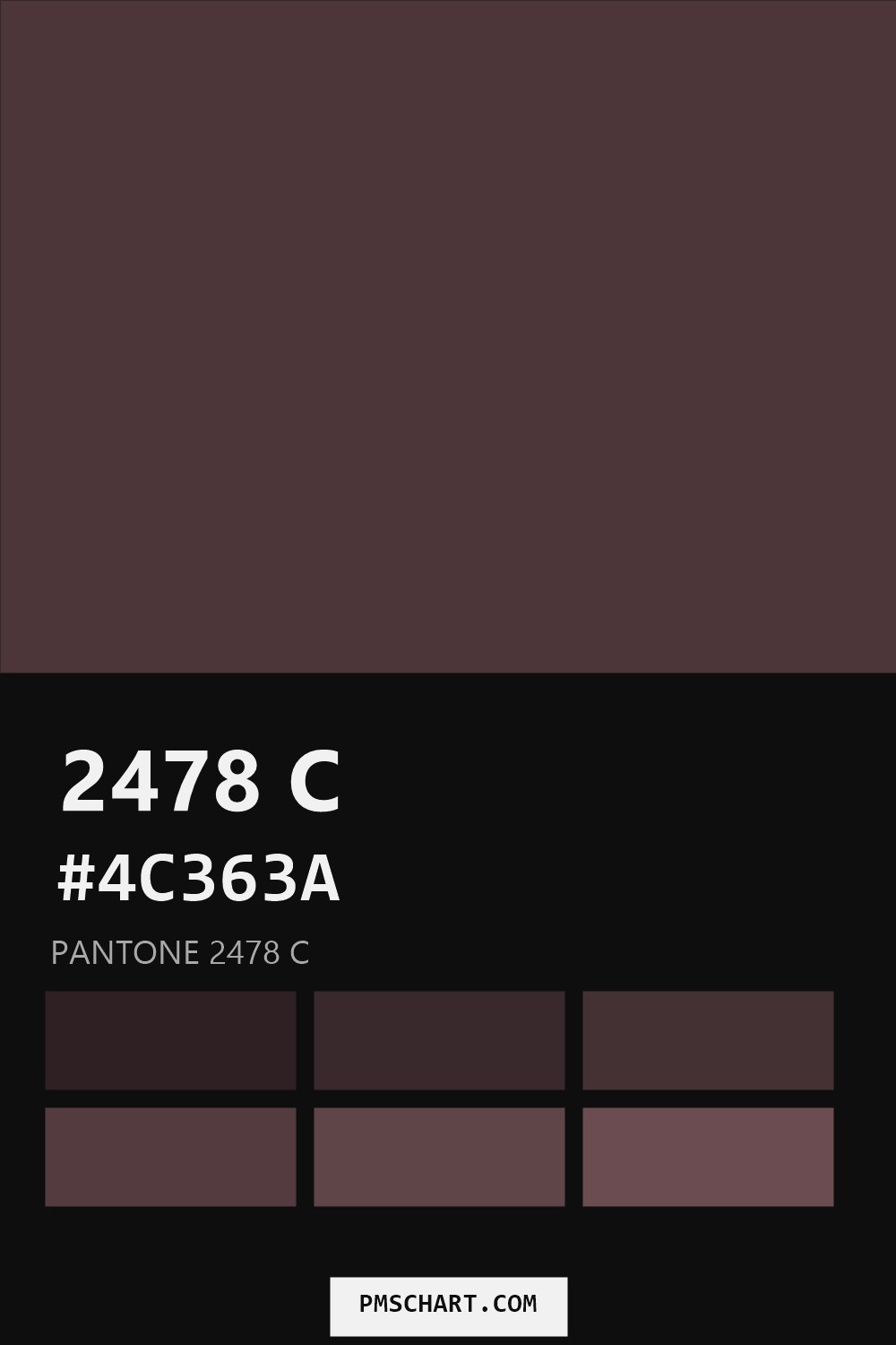 Pantone 2478 C color reference card (HEX #4C363A) with six nearest Pantone matches