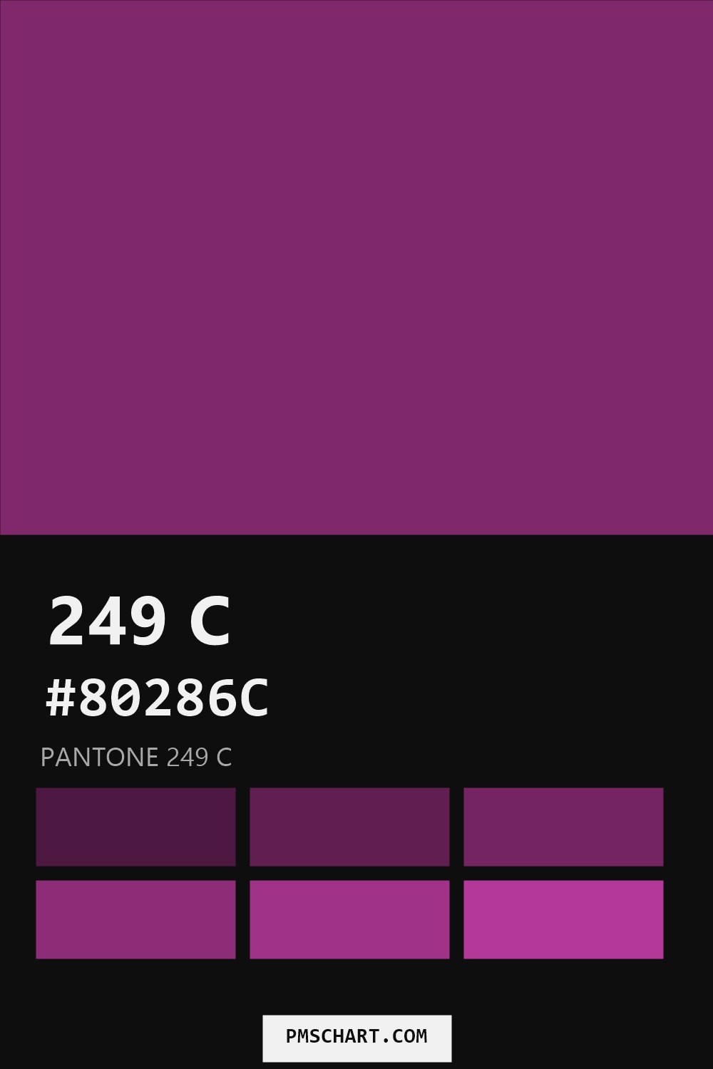 Pantone 249 C color reference card (HEX #80286C) with six nearest Pantone matches